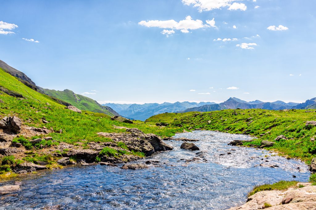 Landscape view of green grass and Ice lake river runoff water flowing near Silverton, Colorado in August 2019 summer on summit sunny day