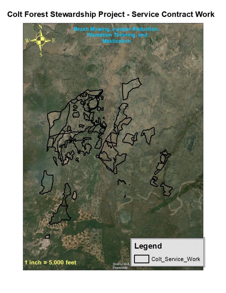 Aerial photo map of service contract work completed on Colt (3,254 acres) for restoring wildlife habitat and creating a more fire-resilient forest in the future.
