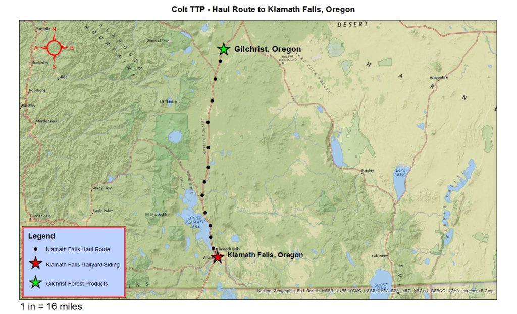 The haul route to Klamath Falls where logs are loaded onto railroad cars. This haul is 90 miles.