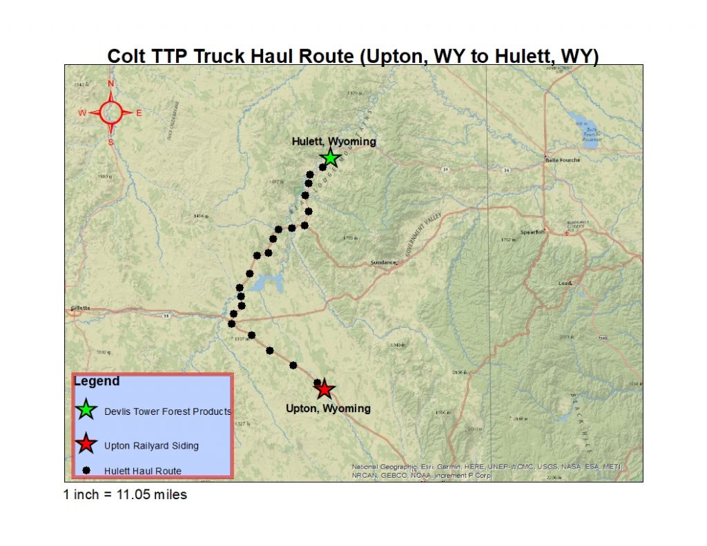 Sawlogs are hauled from the Upton railroad siding to the sawmill. Map courtesy of Devils Tower Forest Products.  