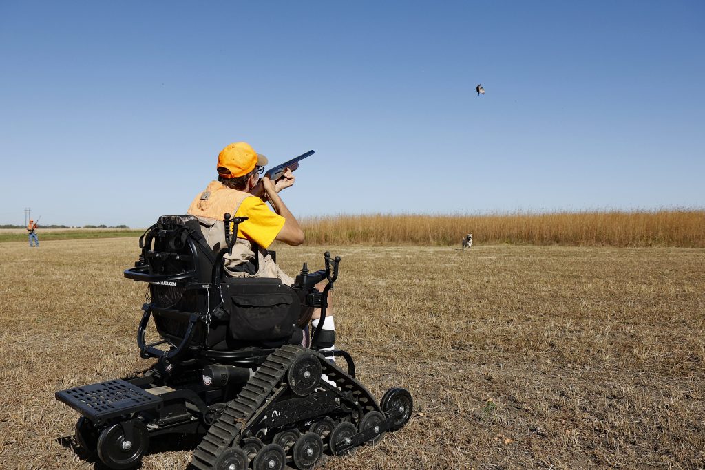 A hunter shoots a pheasant.