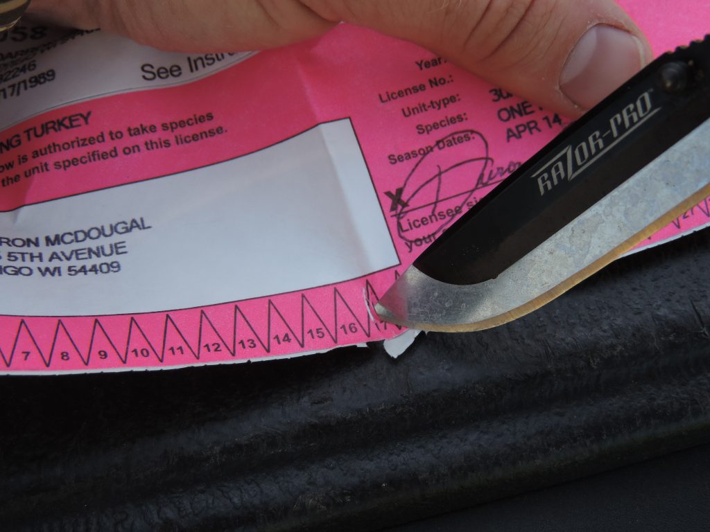 A wild turkey tag is punched after a harvest.