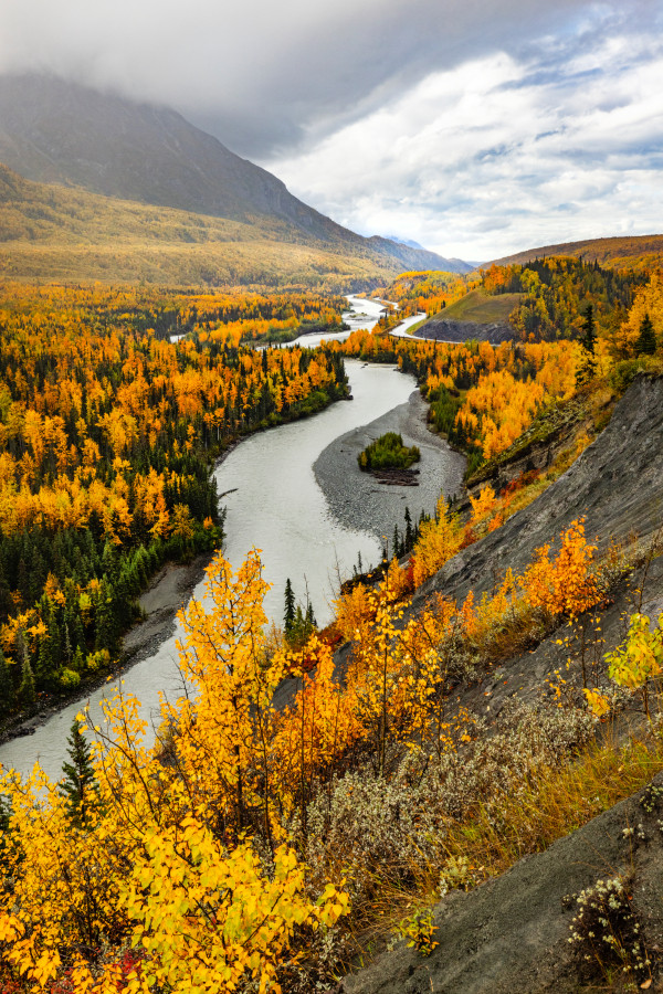 An aerial shot of a scenic river.