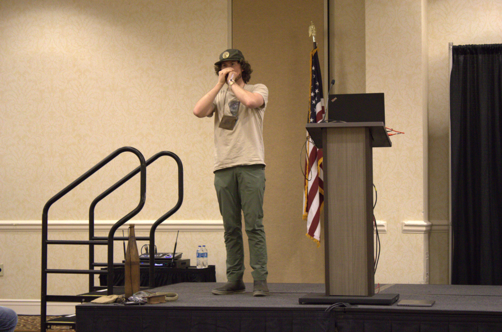 Brooks demonstrates a turkey call