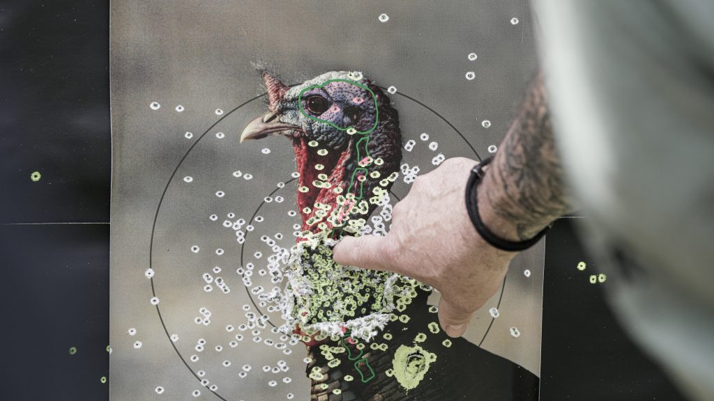 A centered, tight pattern on a turkey target. 