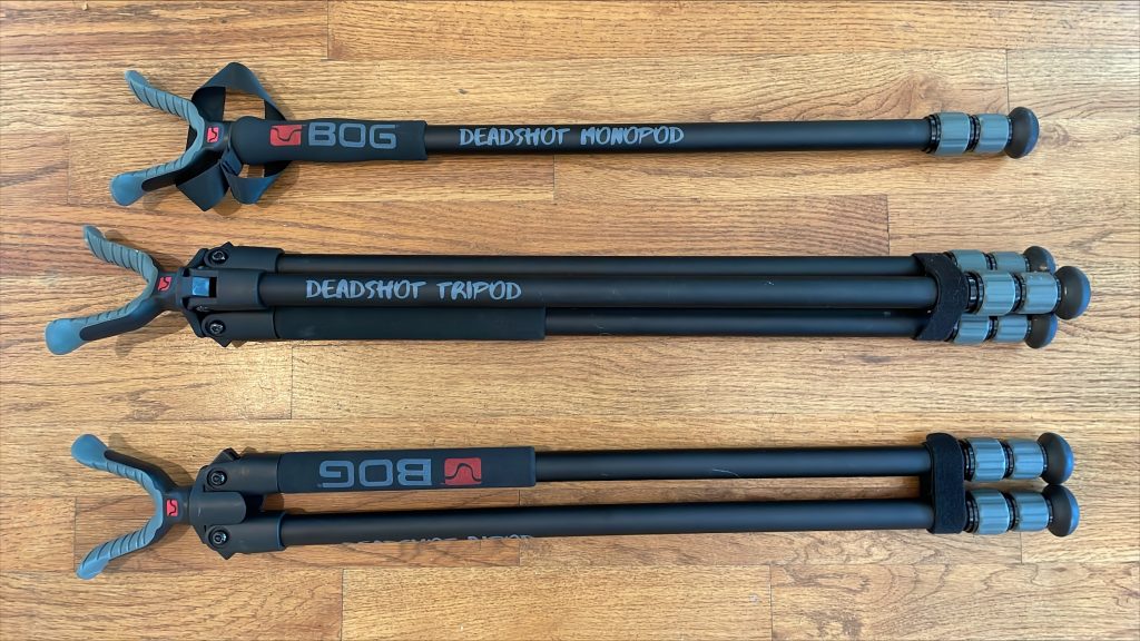 a bipod, monopod and tripod from bog laying on the floor.