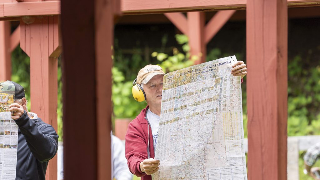 Participant playing geography shooting game.
